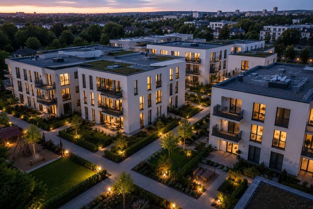 Moderne Wohnanlage bei Nacht